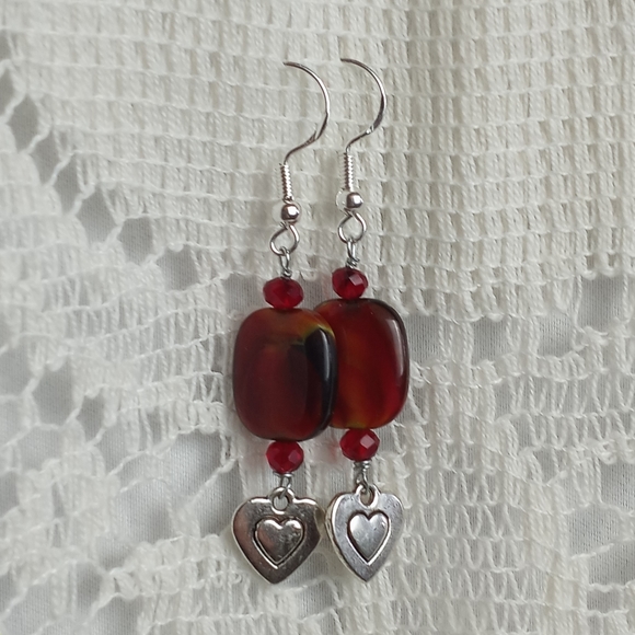 Sterling Silver 925 Red Czech Glass Crystal Heart Dangle Earrings Handmade - Picture 2 of 4